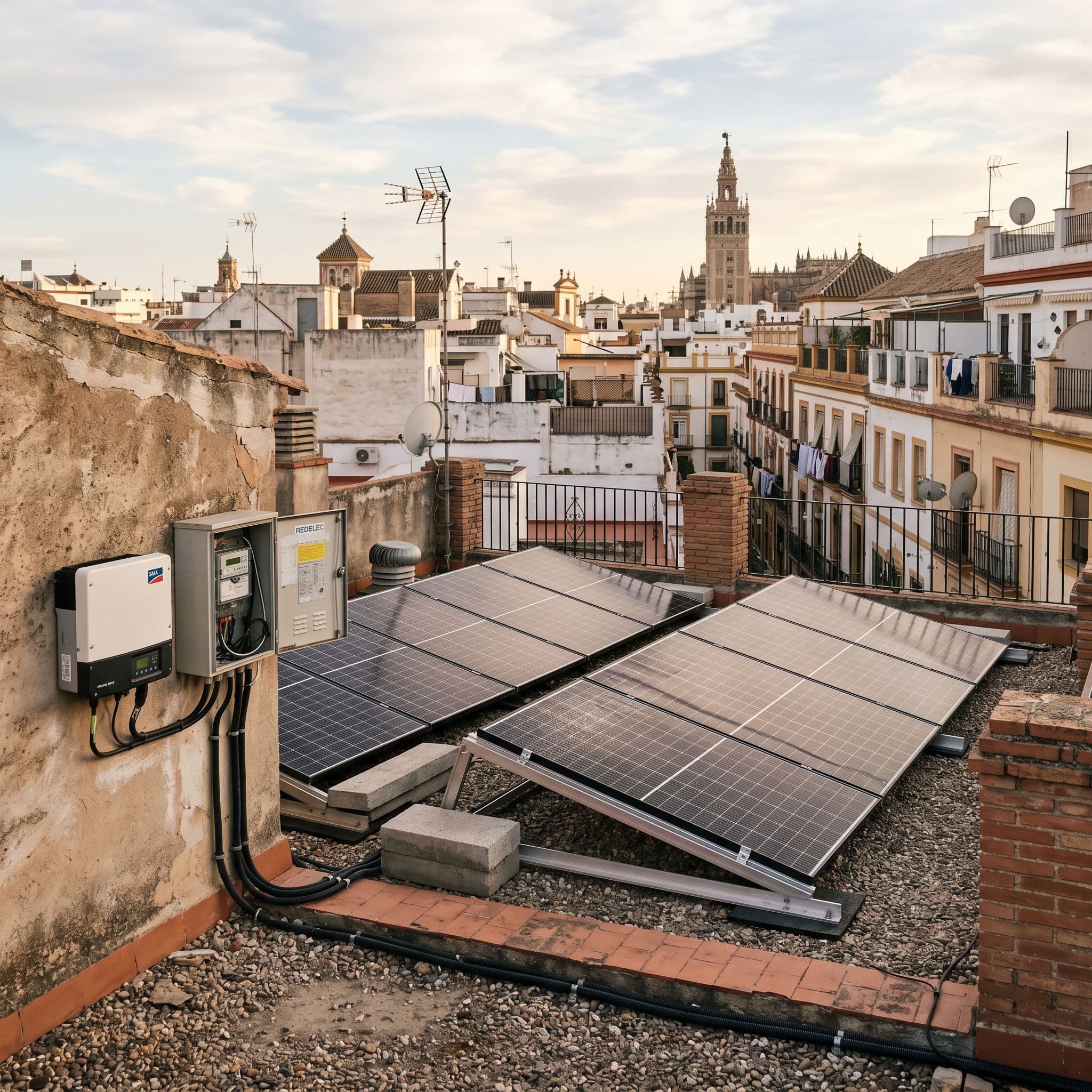 Instalación fotovoltaica pequeña de 3 kWp con paneles monocristalinos en cubierta plana de piso urbano