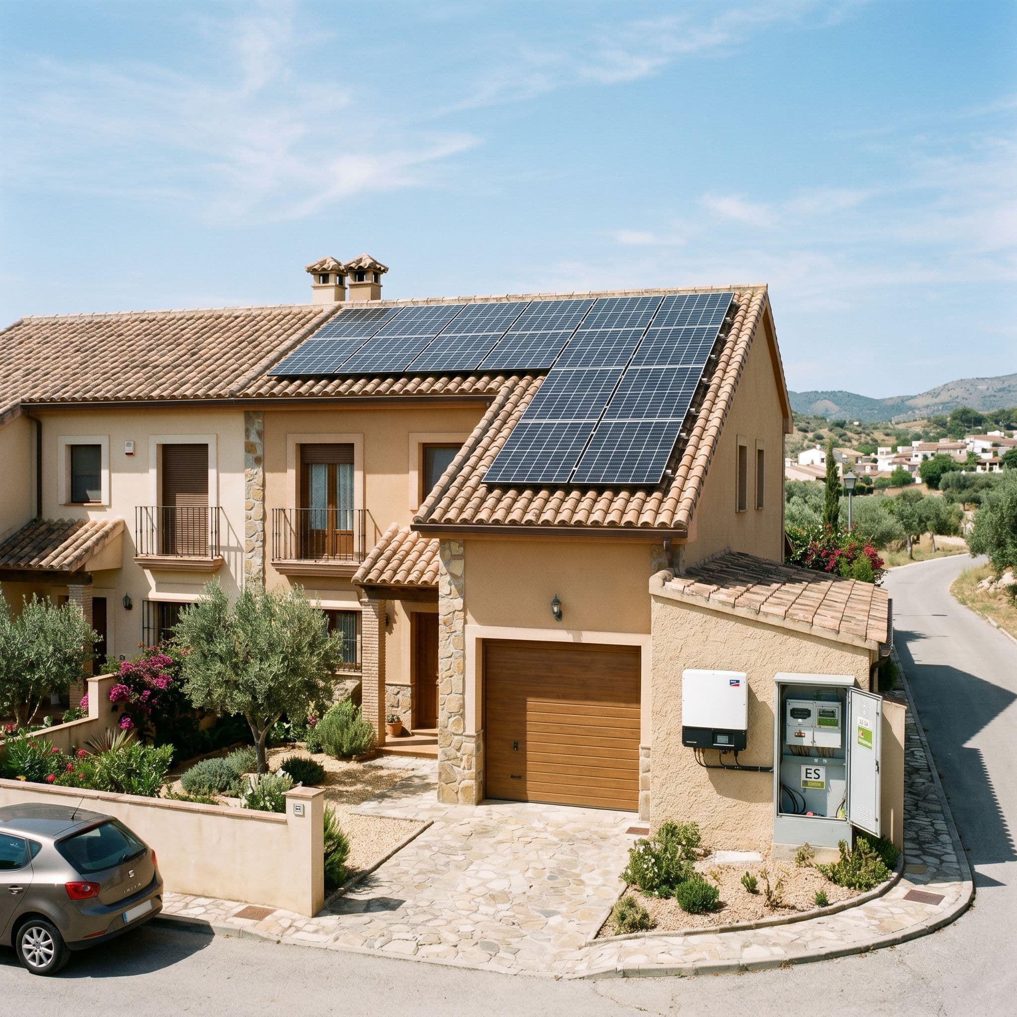 Vivienda unifamiliar pareada con instalación fotovoltaica de 5 kWp y 12 paneles sobre cubierta inclinada de teja