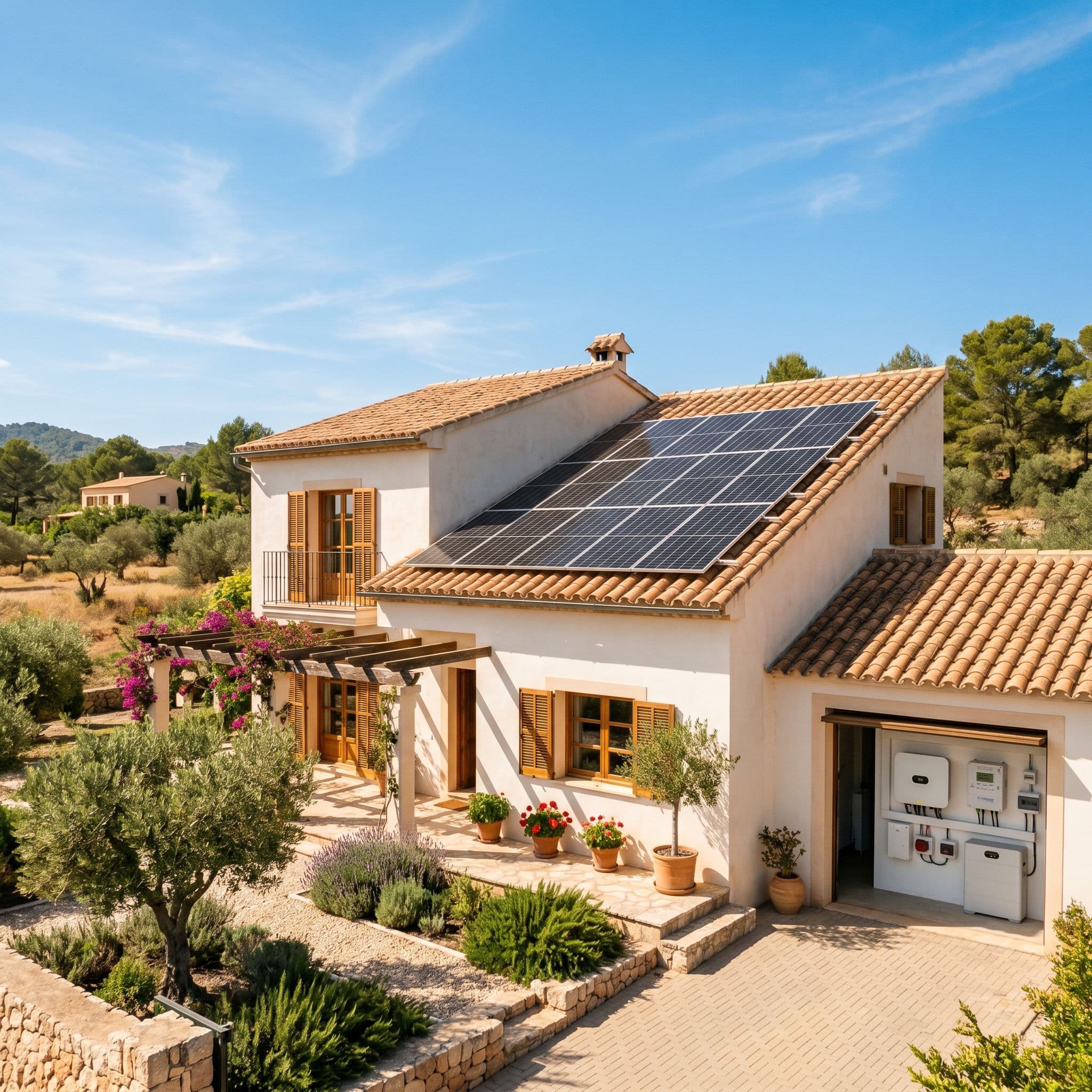 Vivienda unifamiliar española con instalación fotovoltaica de 5 kWp sobre cubierta inclinada de teja