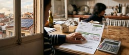 Factura de la luz sobre mesa con subida de precio y tejado con placas solares al fondo por la subida del IVA eléctrico del 1 de junio de 2026