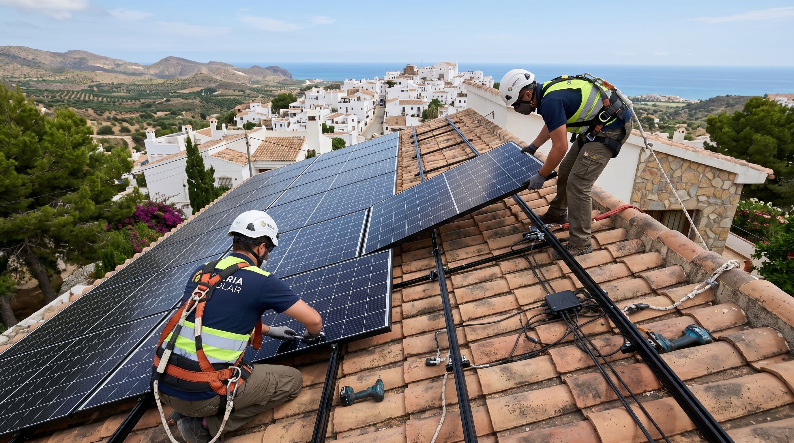 Instalación profesional de paneles fotovoltaicos sobre estructura de aluminio en cubierta inclinada de vivienda unifamiliar española